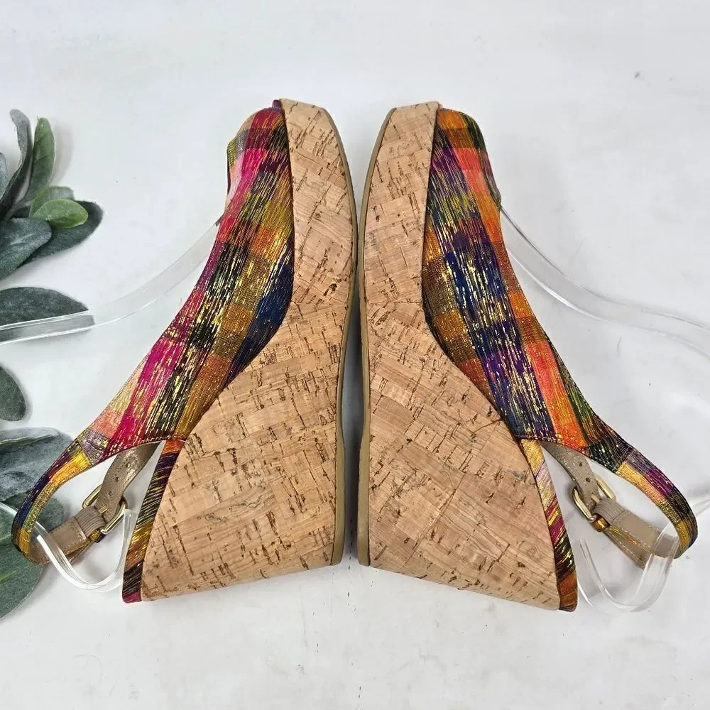 STUART WEITZMAN Jean Winsel‎ Tinsel Metallic Plaid Cork Wedge 9N